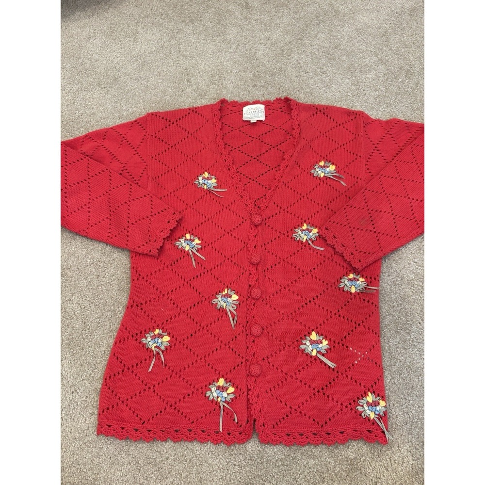 Susan Bristol Vintage 1994 Red Embroidered Floral Ribbon Pointelle Cardigan M